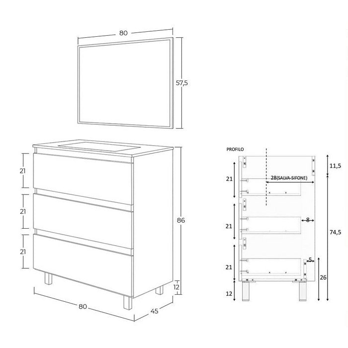 Mobile da bagno con 3 cassetti e specchio - Dakota - FORES - 34569678389464