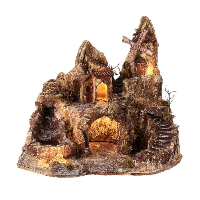 Presepe in legno, sughero e resina illuminato con ruscello - FARDAN - 62594400780666