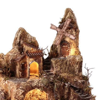 Presepe in legno, sughero e resina illuminato con ruscello