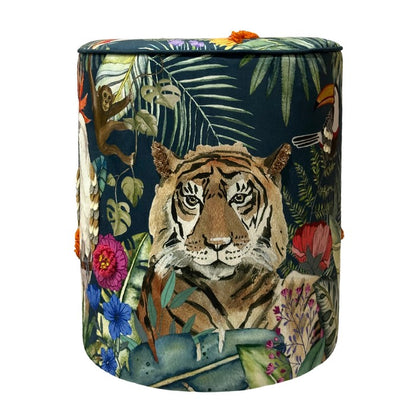 Pouf rotondo in velluto con tigre 40 cm