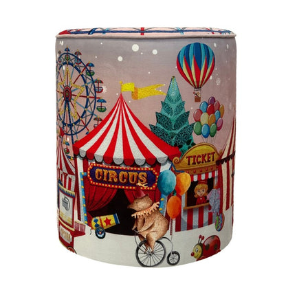 Pouf natalizio rotondo in velluto con circo e giostre 40 cm