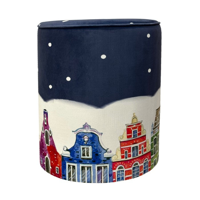 Pouf natalizio rotondo in velluto con città di notte 40 cm - BEST - 63414753558906