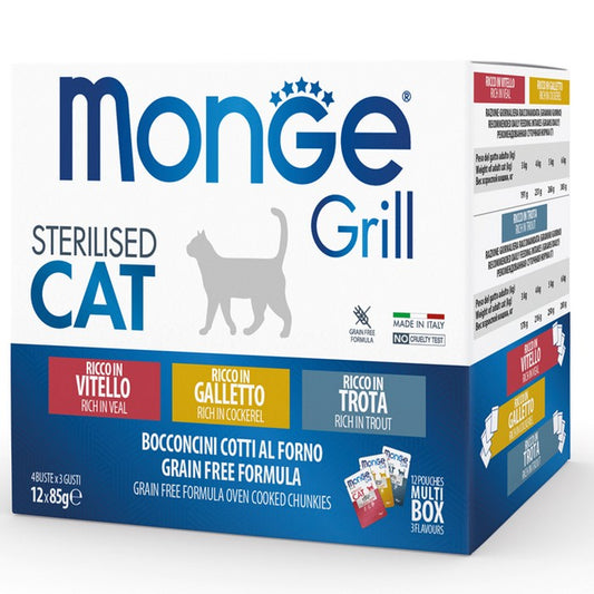 Monge Grill Gatto Multipack Buste - Galletto, Trota, Vitello - Sterilised 12x85g - MONGE - 34774784442584