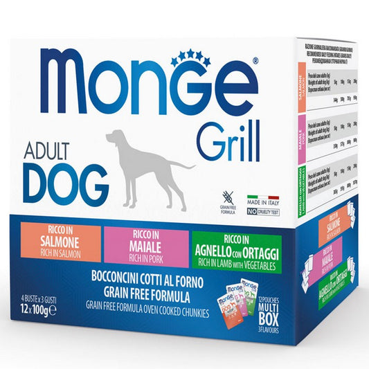 Monge Grill Multipack Buste - Agnello con Ortaggi, Maiale, Salmone 12x100g - MONGE - 34515984154840