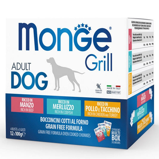 Monge Grill Multipack Buste - Pollo e Tacchino, Manzo, Merluzzo 12x100g - MONGE - 