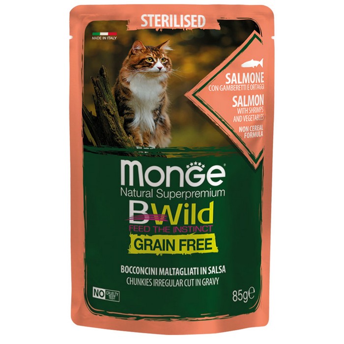 Monge BWild Gatto Grain Free Sterilised Salmone con gamberetti e ortaggi 85g - MONGE - 34288703635672