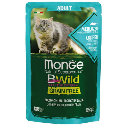 Monge BWild Gatto Grain Free Adult Merluzzo con gamberetti e ortaggi 85g - MONGE - 34289816240344