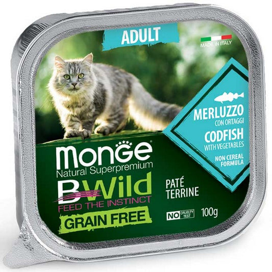 Monge BWild Gatto Grain Free Adult Merluzzo con ortaggi 100g - MONGE - 34289816338648